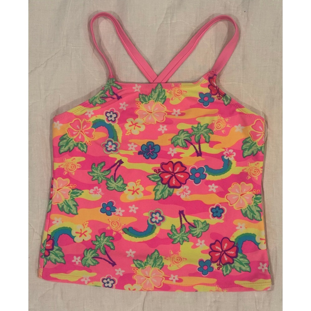 OP Ocean Pacific Girls Pink Tropical Camo Floral Tankini Swim Top Size M 7-8